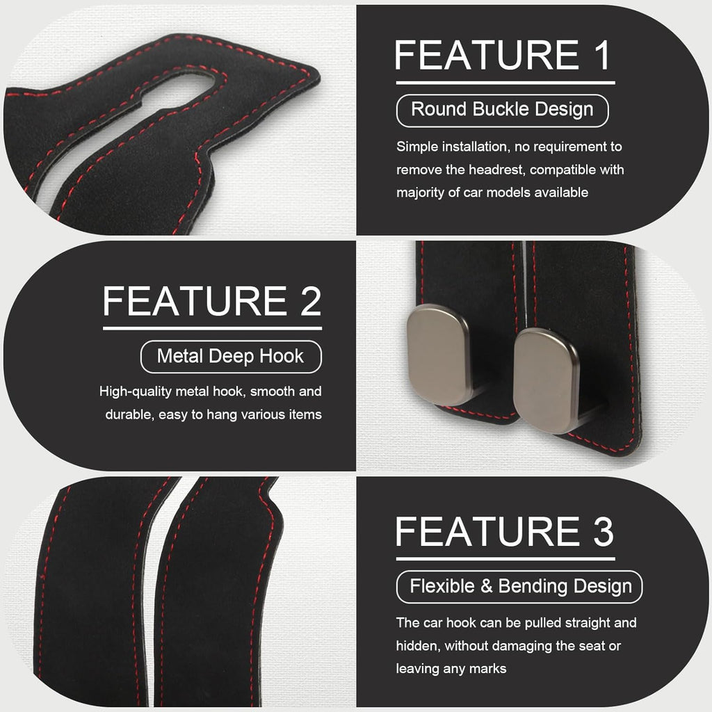 2 Pcs Multifunctional Headrest Hooks for Car, Premium Suede Material Purse Holder for Car, Double Car Seat Hooks for Headrest, Car Headrests Hook Fits Universal Car Seat Back Storage Hook