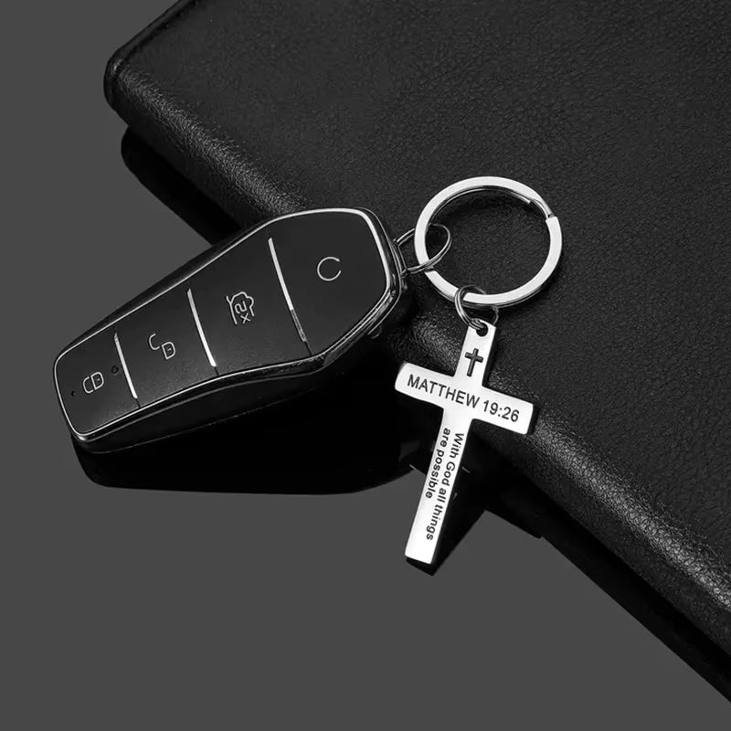 Christian Bible Verse Cross Pendant Keychain Stainless Steel Religious Psalm Prayer Key Chain Keyring Gifts