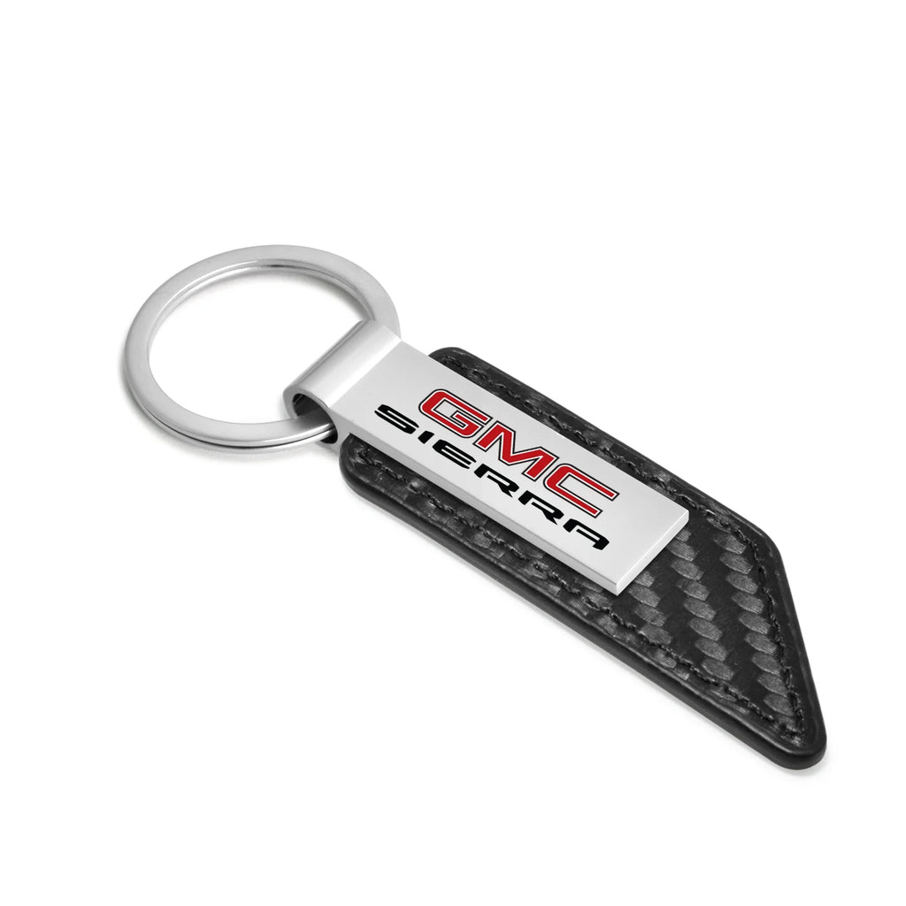 for GMC Sierra Silver Metal Plate Carbon Fiber Texture Black PU Leather Key Chain, Official Licensed