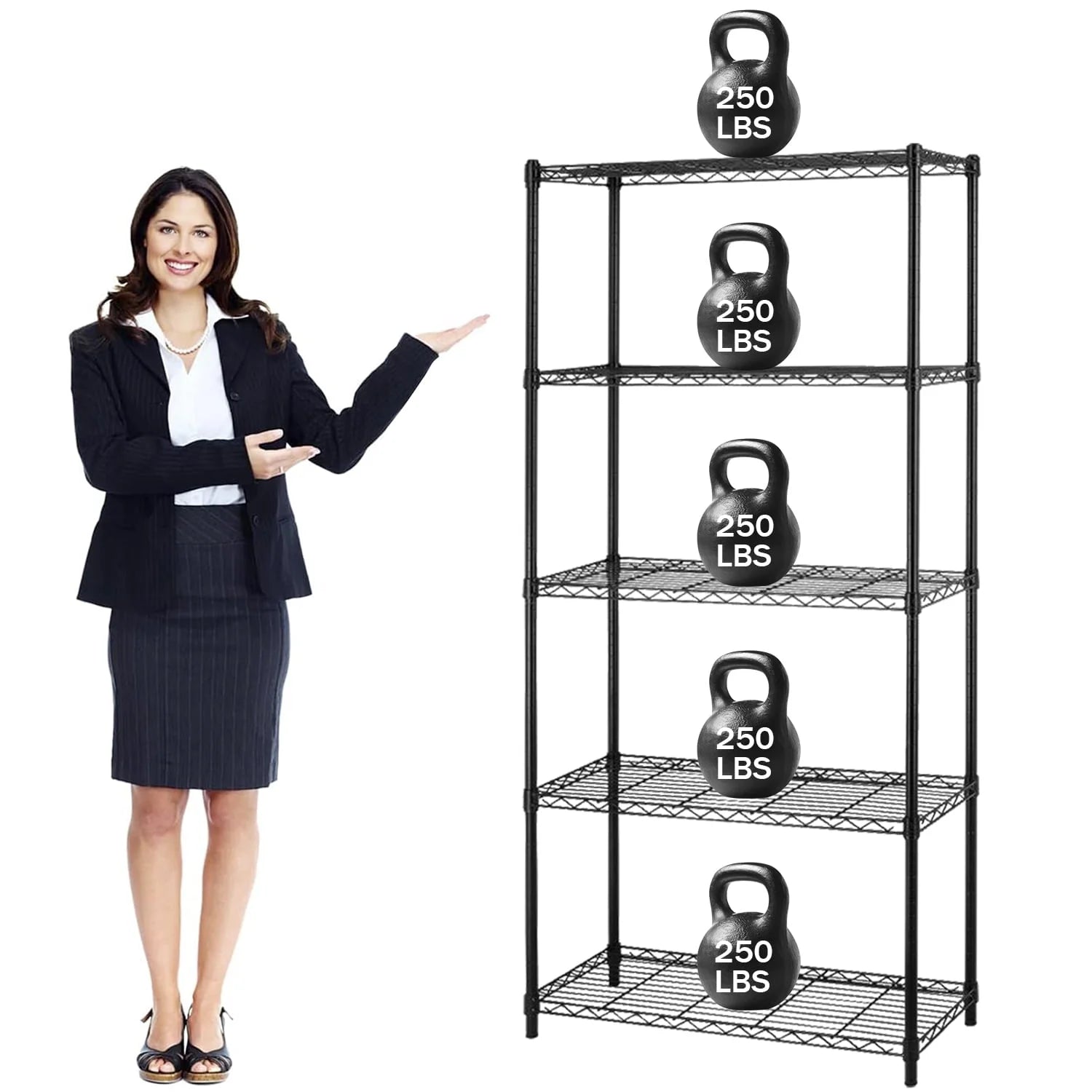 5 Tier Storage Shelves, 1250 Lbs Capacity Heavy Duty Wire Shelving Unit, NSF Metal Shelf, Adjustable Storage Rack for Garage Pantry Kitchen Office Laundry- 14" D X 36" L X72 H, Black