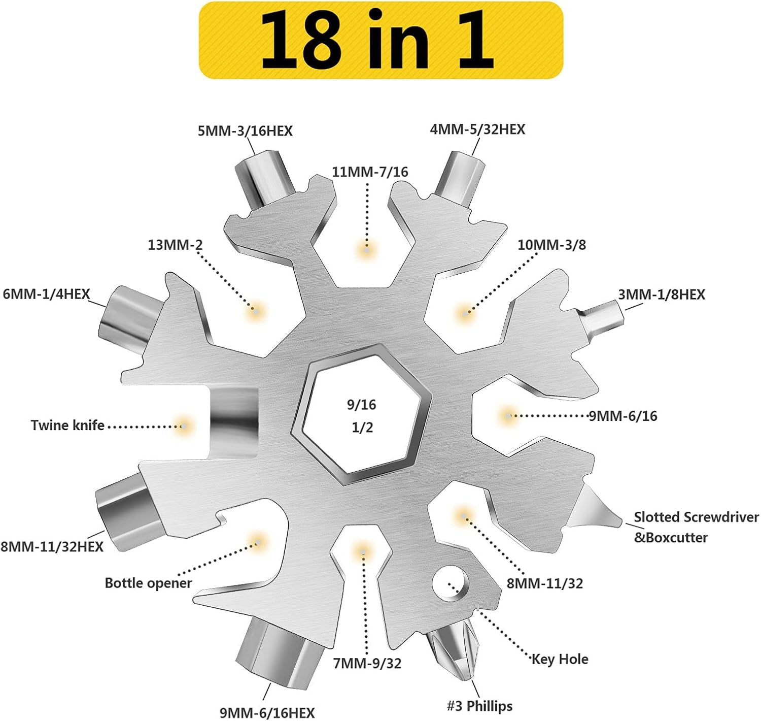 Snowflake Multi Tool, 1PCS Black 18 in 1 Snowflake Tool Stainless Steel Snowflake Handy Tool with Keyring