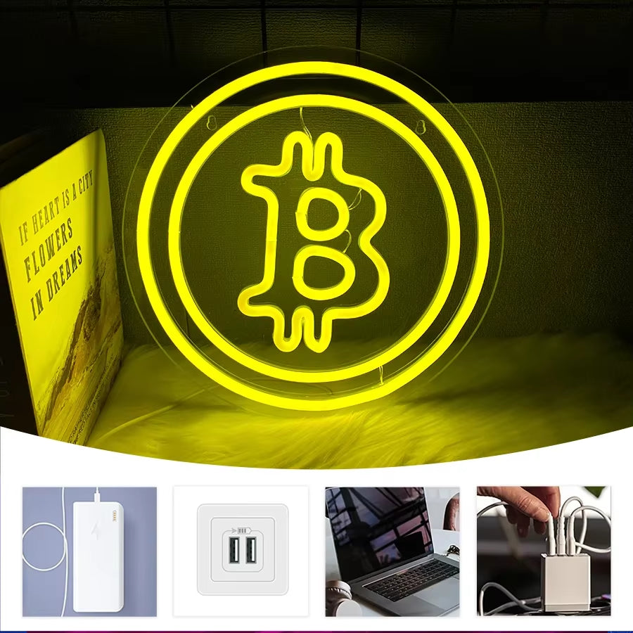 Bitcoin Neon Sign, Handmade Bitcoin Led Neon Light Bitcoin Neon for Wall Décor for Gaming Room Bedroom Living Room Cafe Bar