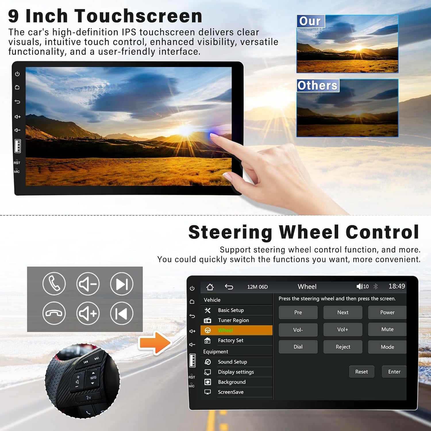 9 Inch Single Din Touchscreen Car Stereo with Carplay Android Auto Bluetooth, FM/AM, Mirror Link, EQ Function, Backup Camera, Steering Wheel Control