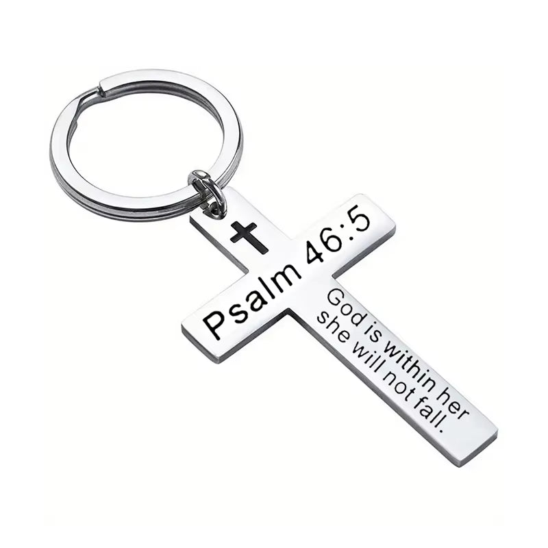 Christian Bible Verse Cross Pendant Keychain Stainless Steel Religious Psalm Prayer Key Chain Keyring Gifts