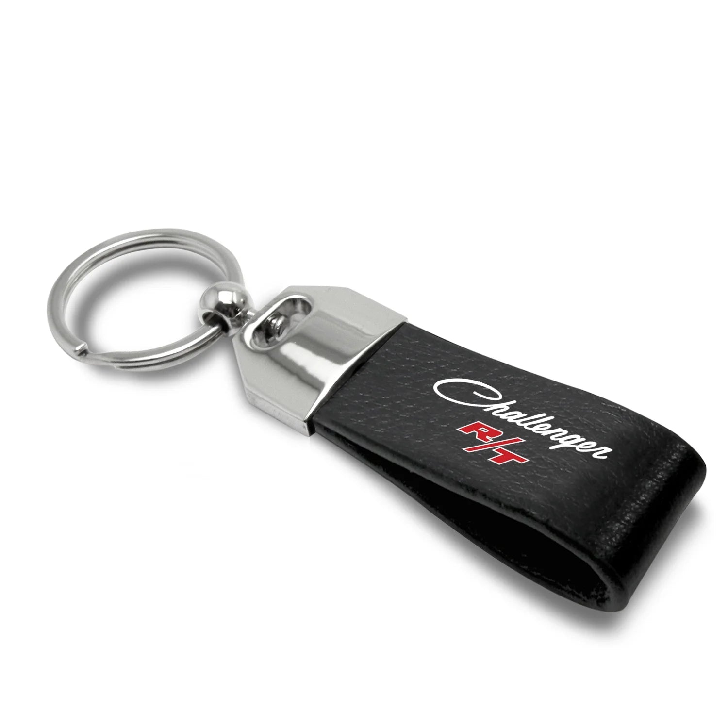for Dodge Challenger R/T Classic Black Real Leather Loop Strap Chrome Metal Key Chain, Official Licensed