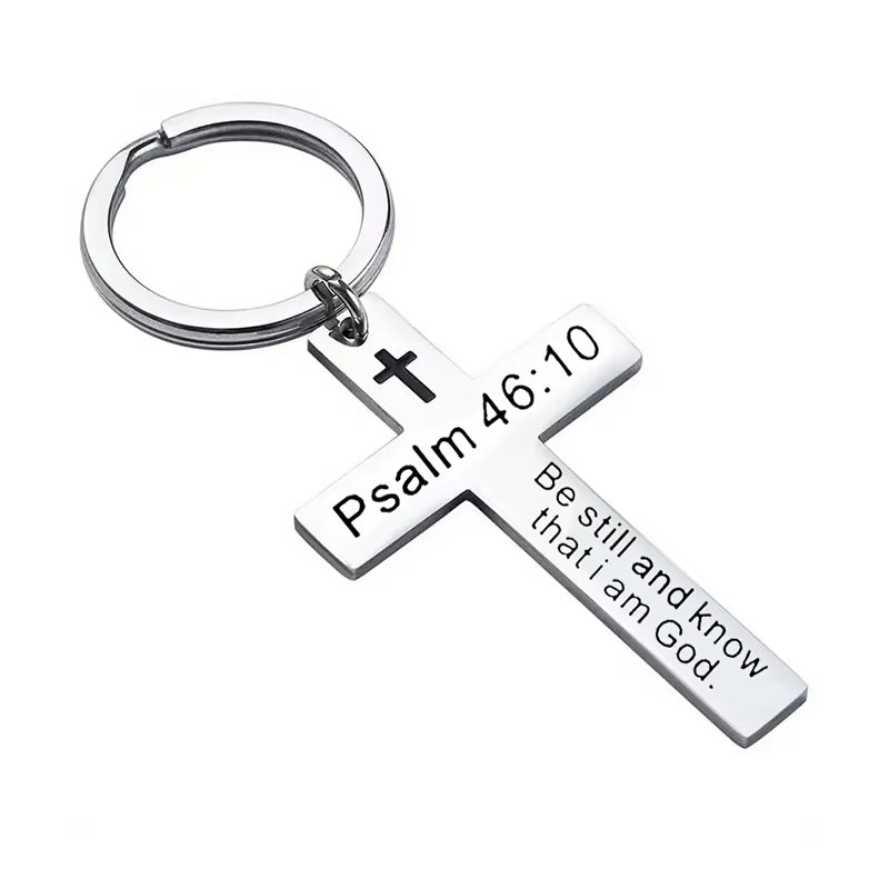 Christian Bible Verse Cross Pendant Keychain Stainless Steel Religious Psalm Prayer Key Chain Keyring Gifts