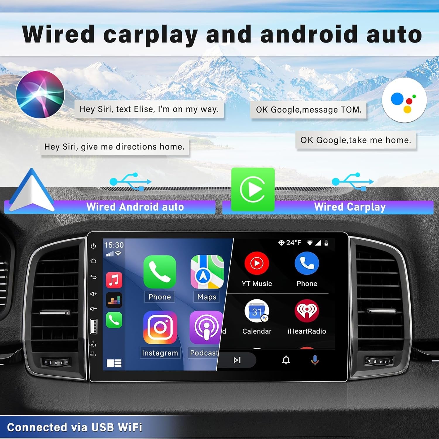9 Inch Single Din Touchscreen Car Stereo with Carplay Android Auto Bluetooth, FM/AM, Mirror Link, EQ Function, Backup Camera, Steering Wheel Control