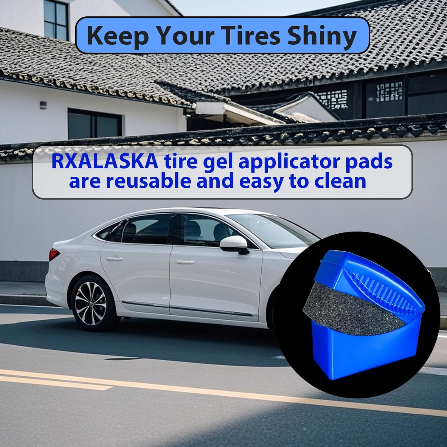 Tire Shine Pads, 2 Pcs Tire Dressing Sponge Applicator Contoured, Reusable Tire Shine Applicator with Lid for Car Detailing