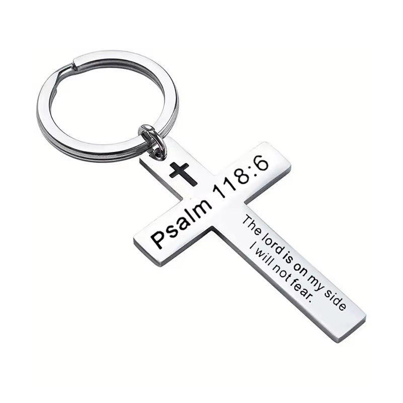 Christian Bible Verse Cross Pendant Keychain Stainless Steel Religious Psalm Prayer Key Chain Keyring Gifts