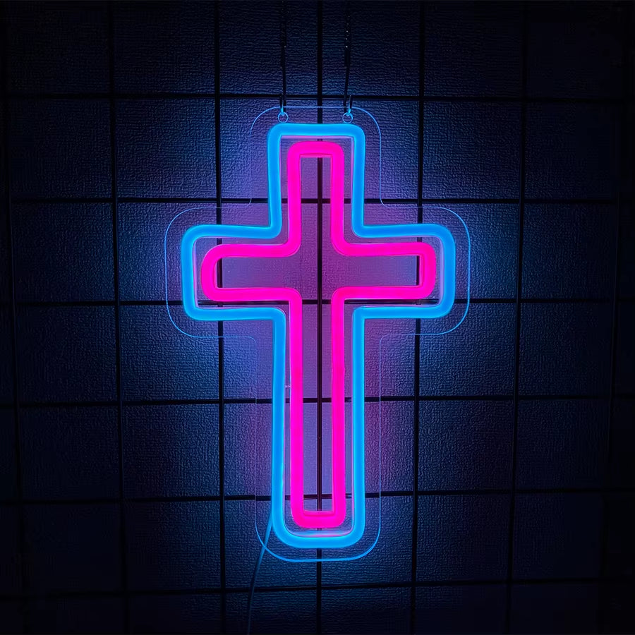 LED Cross Neon Sign for Wall Decor USB Powered LED Neon Light Signs Light up Sign for Bedroom Neon Wall Signs for Birthday Party