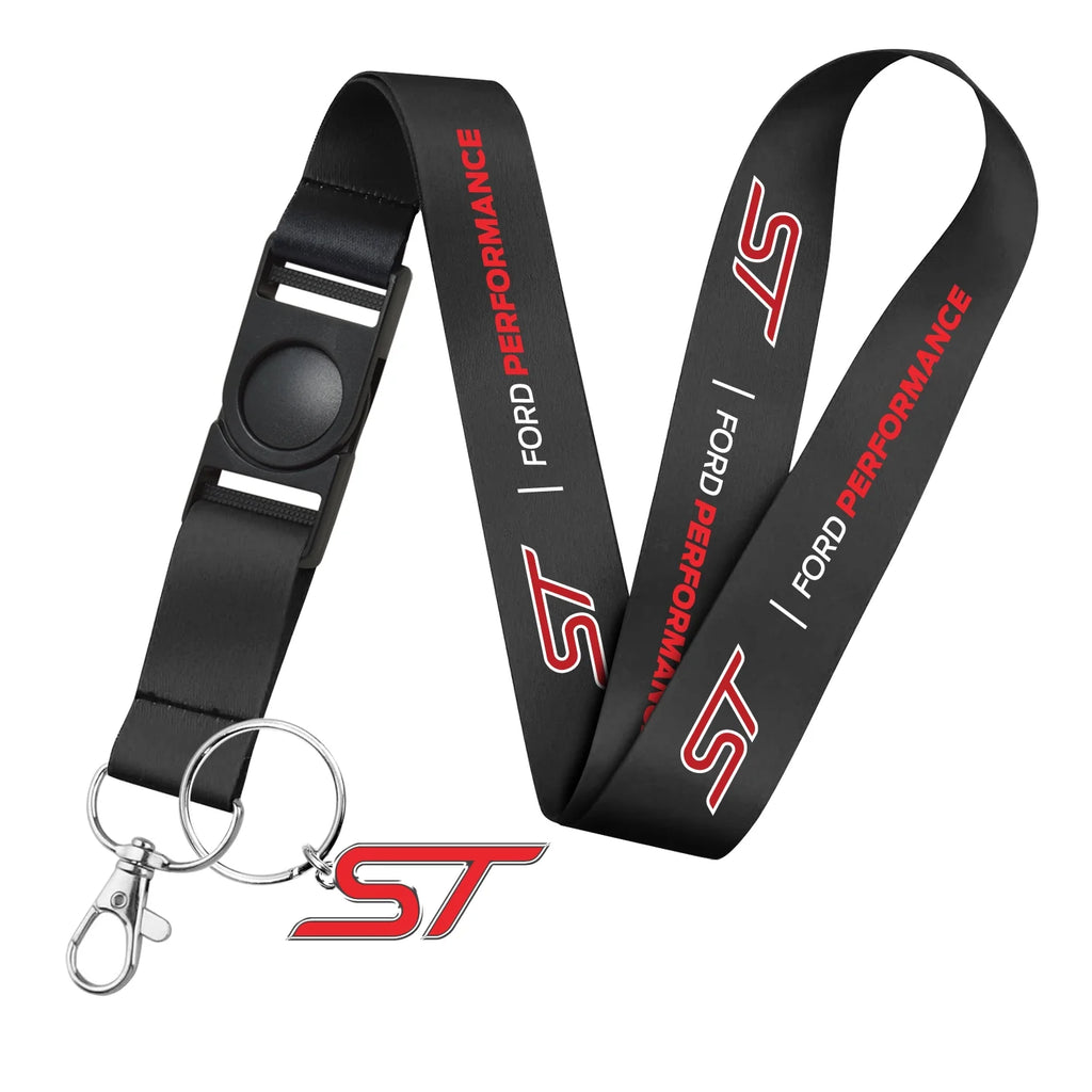 for Ford Focus ST Full-Color Die-Cut Metal Key Chain with Printed Logo Black Lanyard Strap, Official Licensed