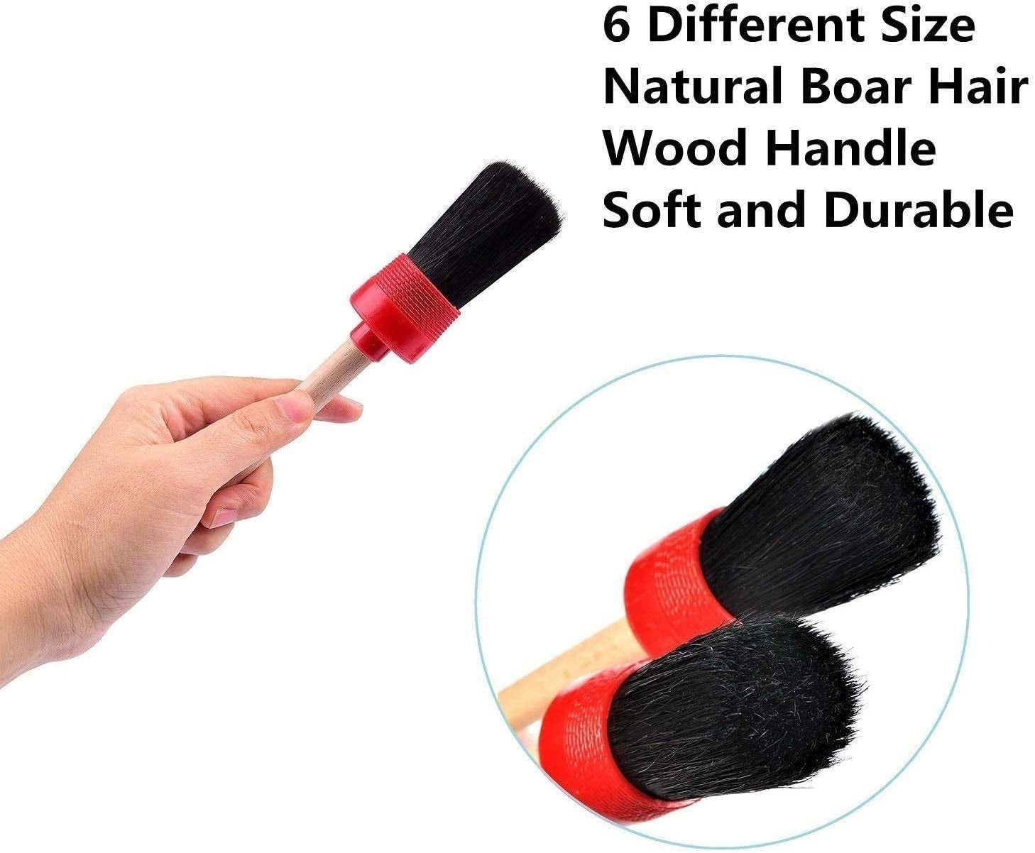 11Pcs Auto Detailing Set, Boar Hair Brushes, Steel Wire & A/C Brushes, Red, Soft Bristles, Wood Handles for Cleaning Interior, Exterior, Leather, 6 Sizes
