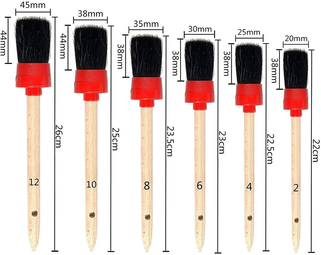 11Pcs Auto Detailing Set, Boar Hair Brushes, Steel Wire & A/C Brushes, Red, Soft Bristles, Wood Handles for Cleaning Interior, Exterior, Leather, 6 Sizes