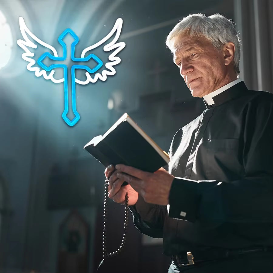 Used for Luminous Decor of Rooms, Churches and Religious Activities,Neon Sign of Cross, Cross Icon with Wings, Powered by Usb