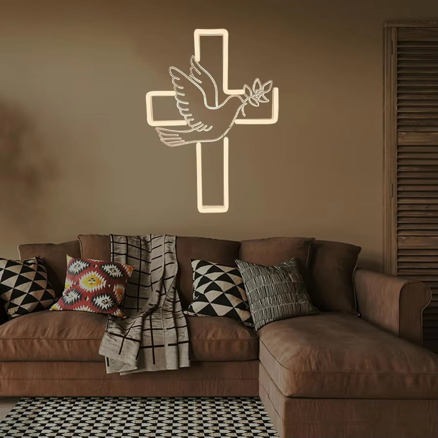 Cross Led Neon Sign, Warm White Dove Icon Usb Powered for Jesus Church, Wedding,Home, Easter Activities Decor, Easy to Hang.