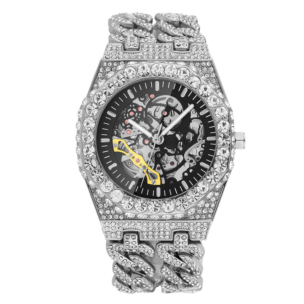 Full Diamond Hip Hop Cuban Link Chain Stitching Hollow Automatic Mechanical Watch