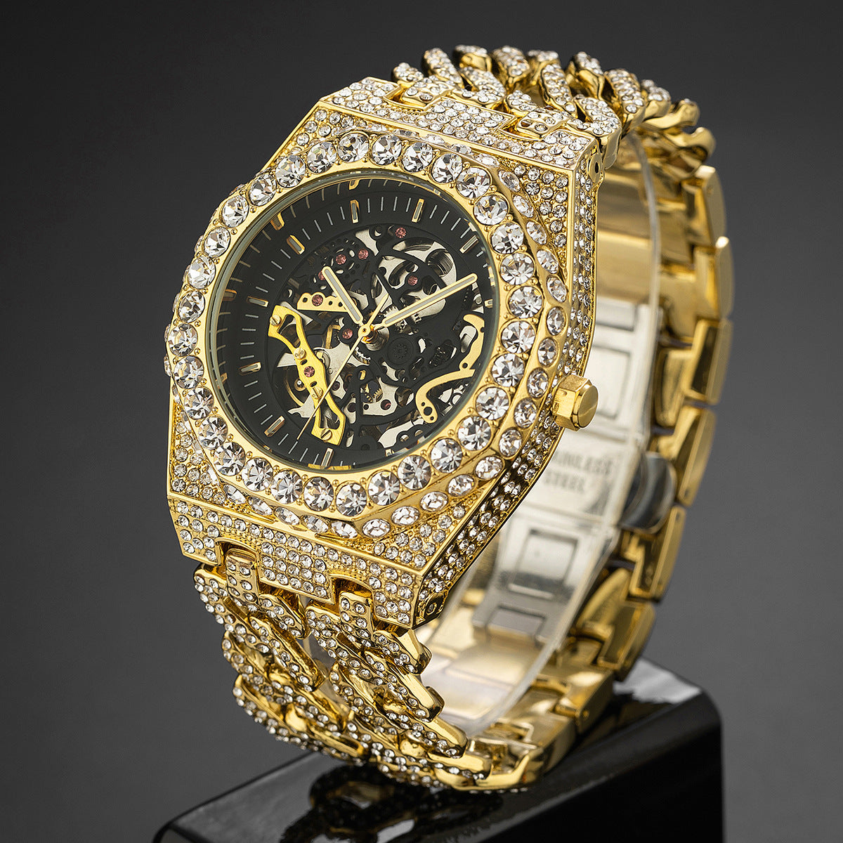 Full Diamond Hip Hop Cuban Link Chain Stitching Hollow Automatic Mechanical Watch
