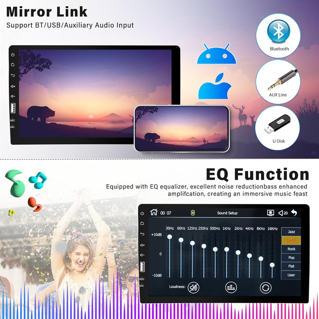 9 Inch Single Din Touchscreen Car Stereo with Carplay Android Auto Bluetooth, FM/AM, Mirror Link, EQ Function, Backup Camera, Steering Wheel Control