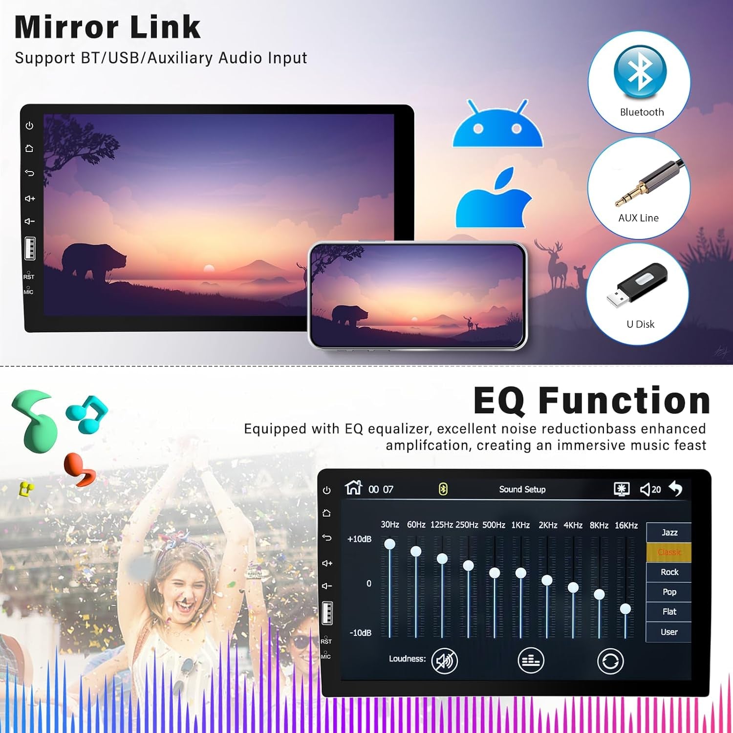 9 Inch Single Din Touchscreen Car Stereo with Carplay Android Auto Bluetooth, FM/AM, Mirror Link, EQ Function, Backup Camera, Steering Wheel Control