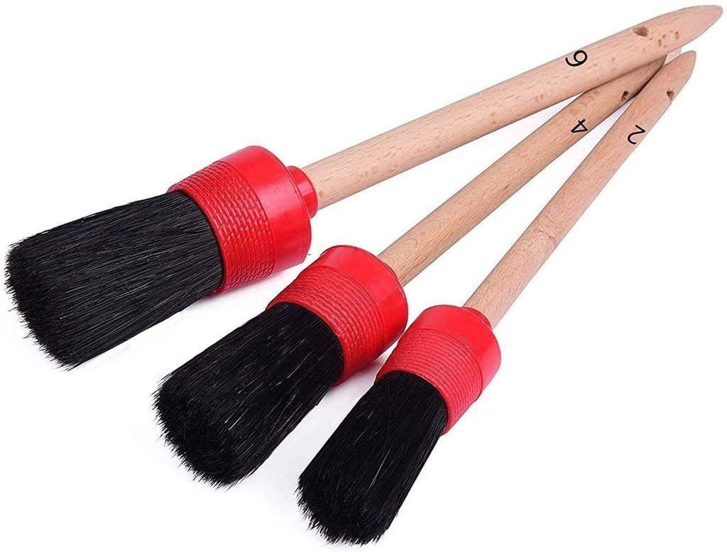 11Pcs Auto Detailing Set, Boar Hair Brushes, Steel Wire & A/C Brushes, Red, Soft Bristles, Wood Handles for Cleaning Interior, Exterior, Leather, 6 Sizes