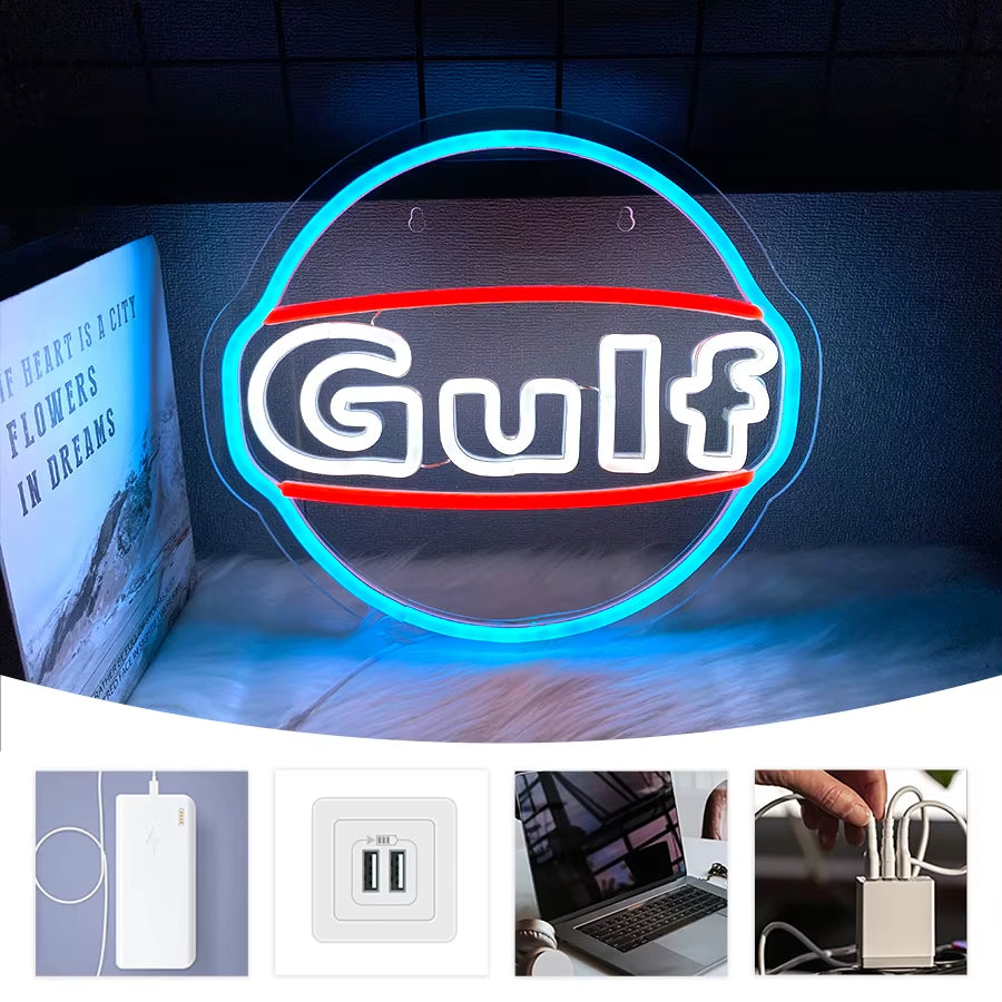 Gulf Letter Led Neon Lights, Garage Art Signs Usb Connection Power Supply, Men'S Caves, Garage Retro Signs, Business Decoration.