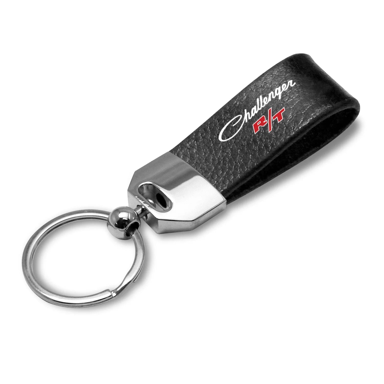 for Dodge Challenger R/T Classic Black Real Leather Loop Strap Chrome Metal Key Chain, Official Licensed