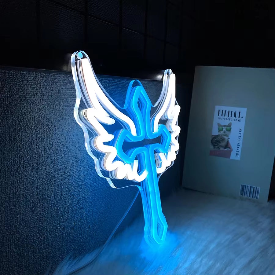 Used for Luminous Decor of Rooms, Churches and Religious Activities,Neon Sign of Cross, Cross Icon with Wings, Powered by Usb
