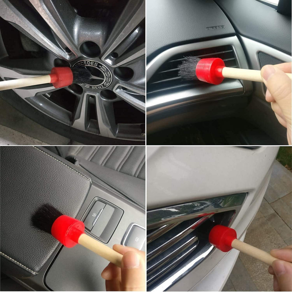 11Pcs Auto Detailing Set, Boar Hair Brushes, Steel Wire & A/C Brushes, Red, Soft Bristles, Wood Handles for Cleaning Interior, Exterior, Leather, 6 Sizes