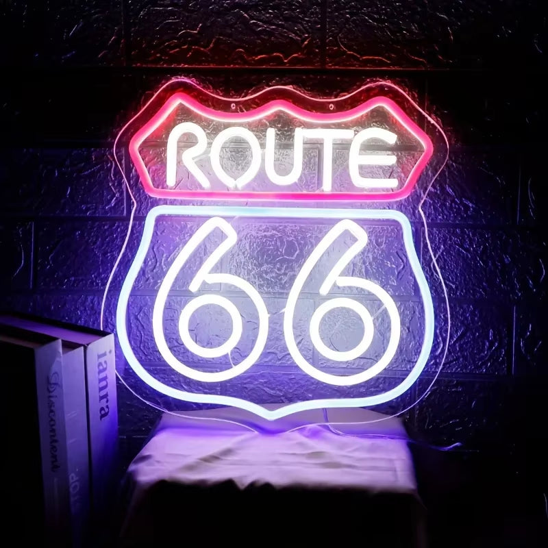 Historic Route 66 Neon Sign, Home Art Man Cave Neon Lights, for Bedroom Home Office Hotel Cafe Recreation Room Wall Decor