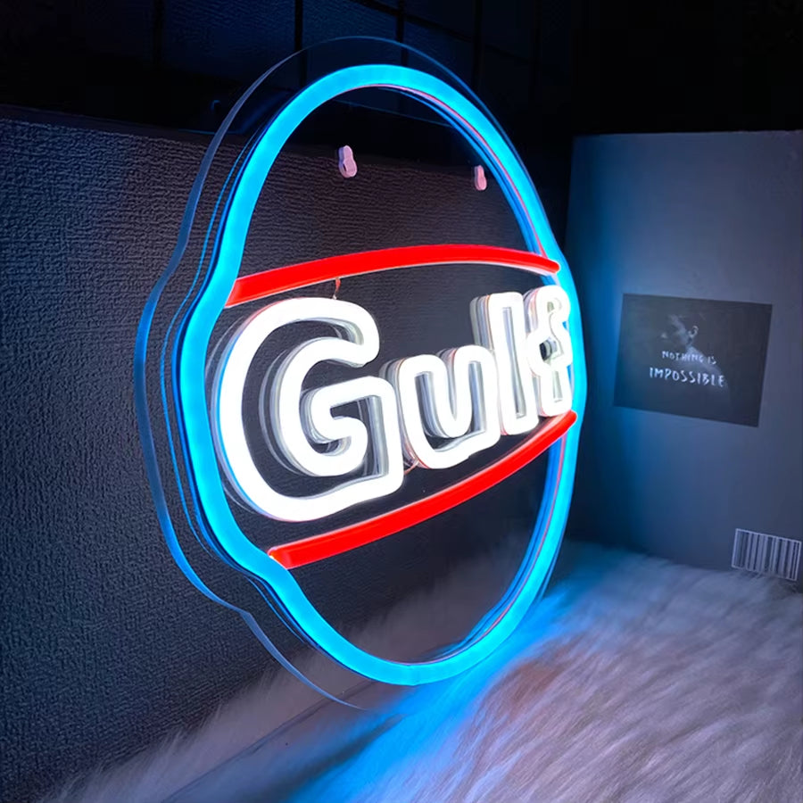 Gulf Letter Led Neon Lights, Garage Art Signs Usb Connection Power Supply, Men'S Caves, Garage Retro Signs, Business Decoration.