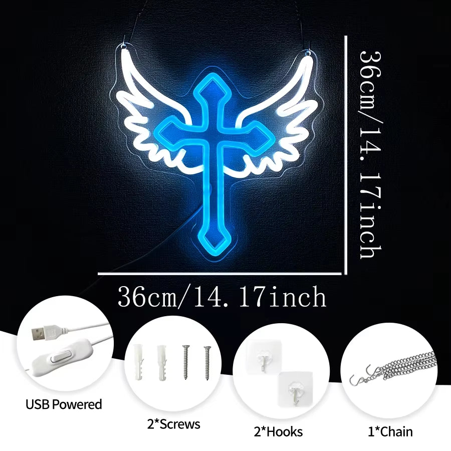 Used for Luminous Decor of Rooms, Churches and Religious Activities,Neon Sign of Cross, Cross Icon with Wings, Powered by Usb