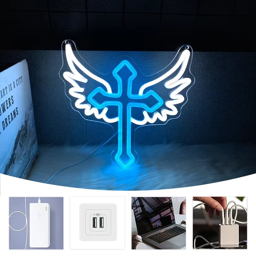 Used for Luminous Decor of Rooms, Churches and Religious Activities,Neon Sign of Cross, Cross Icon with Wings, Powered by Usb