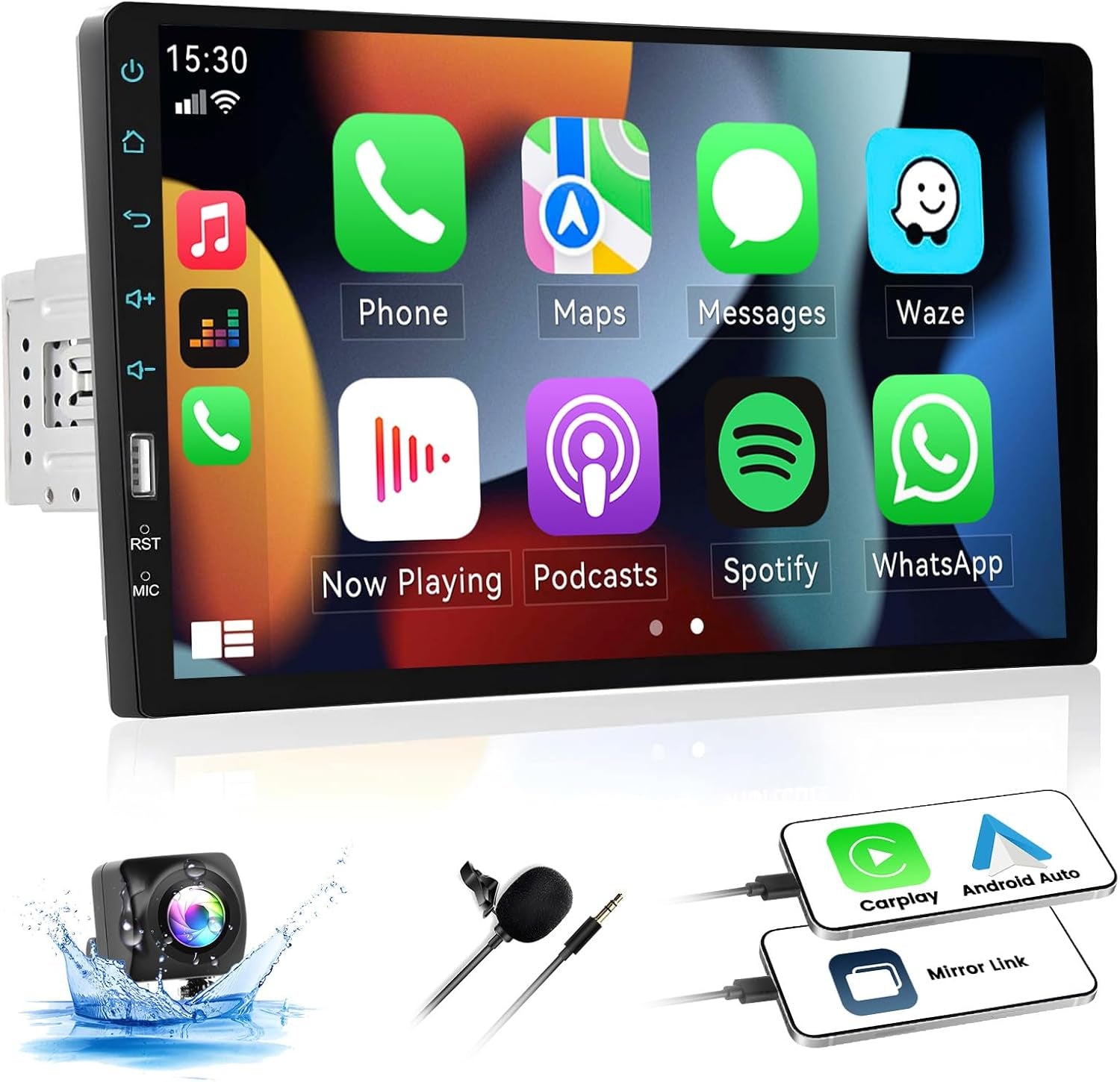 9 Inch Single Din Touchscreen Car Stereo with Carplay Android Auto Bluetooth, FM/AM, Mirror Link, EQ Function, Backup Camera, Steering Wheel Control