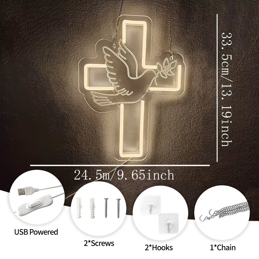 Cross Led Neon Sign, Warm White Dove Icon Usb Powered for Jesus Church, Wedding,Home, Easter Activities Decor, Easy to Hang.