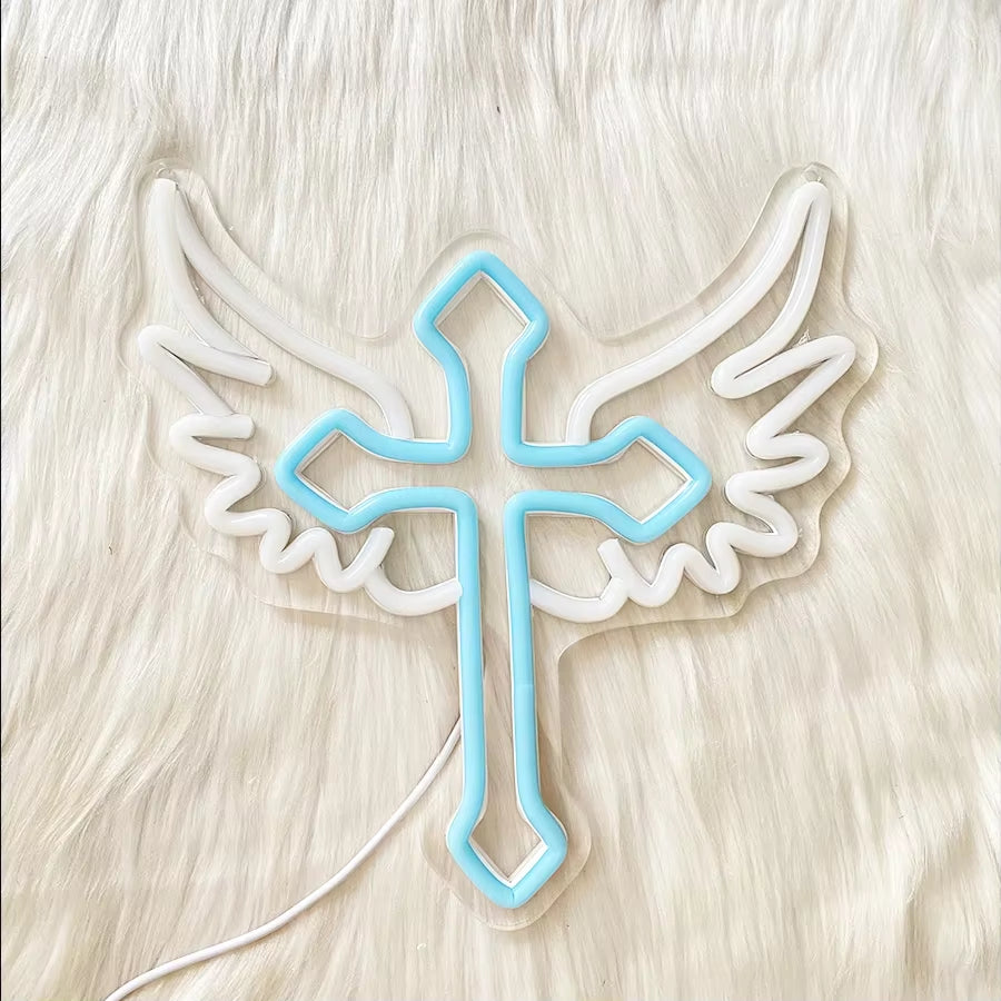 Used for Luminous Decor of Rooms, Churches and Religious Activities,Neon Sign of Cross, Cross Icon with Wings, Powered by Usb