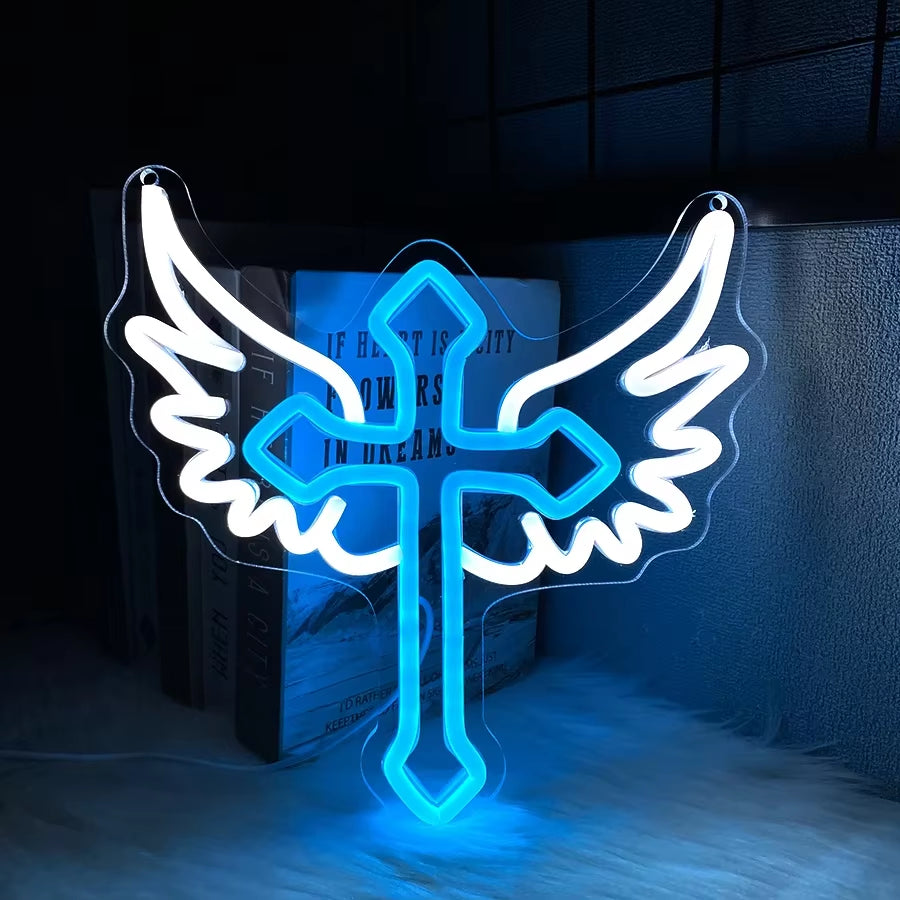 Used for Luminous Decor of Rooms, Churches and Religious Activities,Neon Sign of Cross, Cross Icon with Wings, Powered by Usb