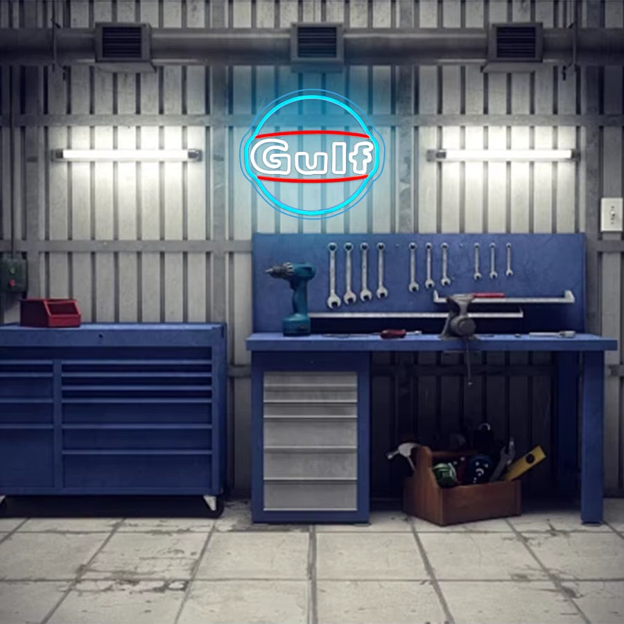 Gulf Letter Led Neon Lights, Garage Art Signs Usb Connection Power Supply, Men'S Caves, Garage Retro Signs, Business Decoration.