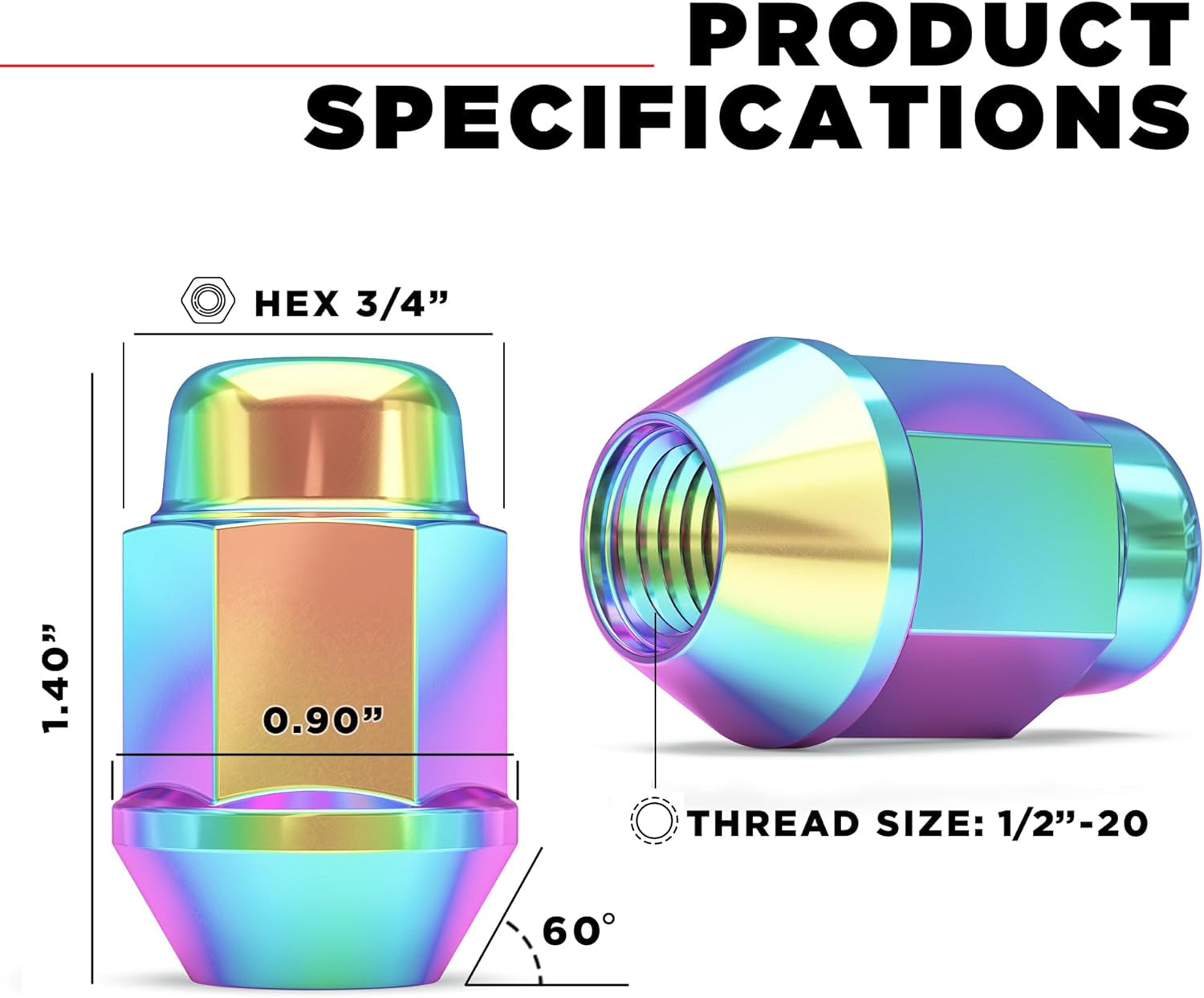 1704SNEO-20AM Neo Chrome 1/2"-20 Bulge Acorn Lug Nuts, 20 Pack