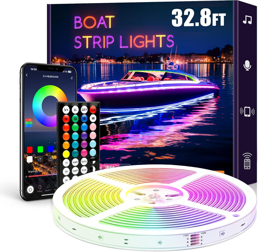 32.8FT LED Boat Strip Lights, RGB Marine Light, IP68 Waterproof Interior Lighting, Navigation Lamp, 12V Night Fishing LED, Outdoor Accessories Decor