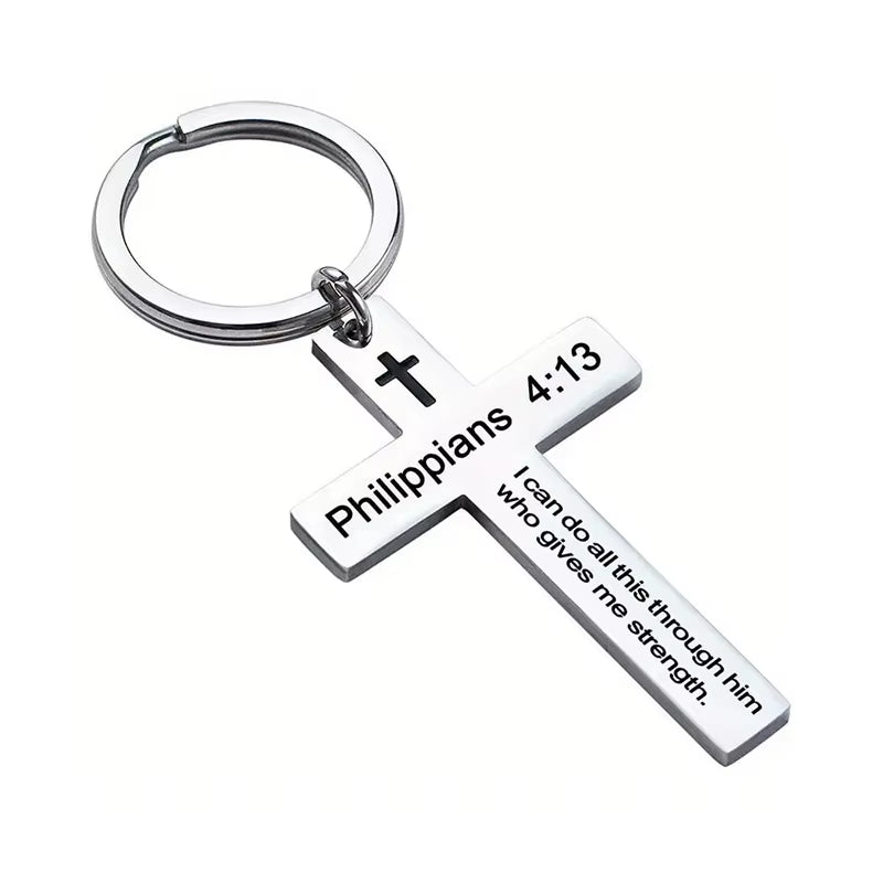 Christian Bible Verse Cross Pendant Keychain Stainless Steel Religious Psalm Prayer Key Chain Keyring Gifts
