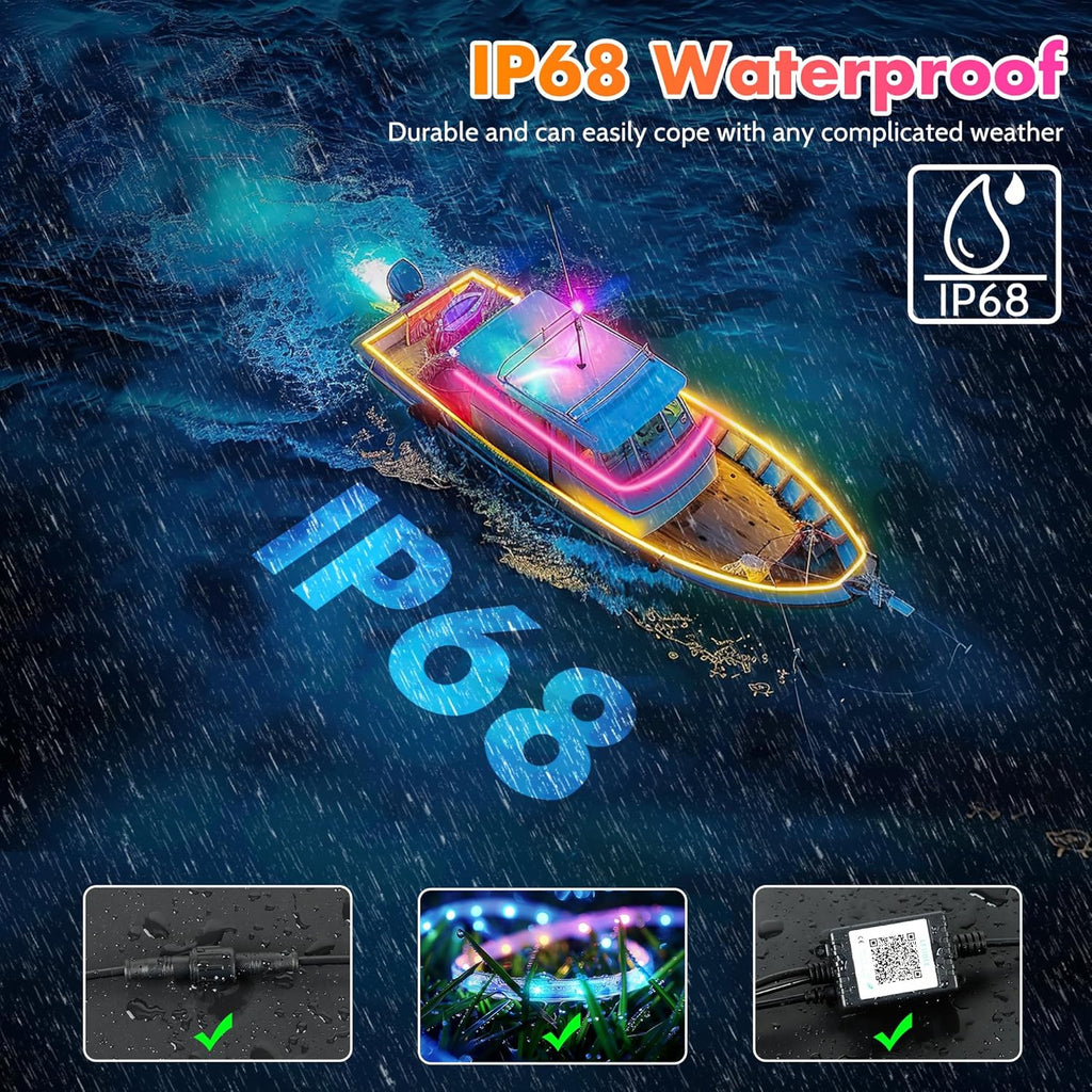32.8FT LED Boat Strip Lights, RGB Marine Light, IP68 Waterproof Interior Lighting, Navigation Lamp, 12V Night Fishing LED, Outdoor Accessories Decor